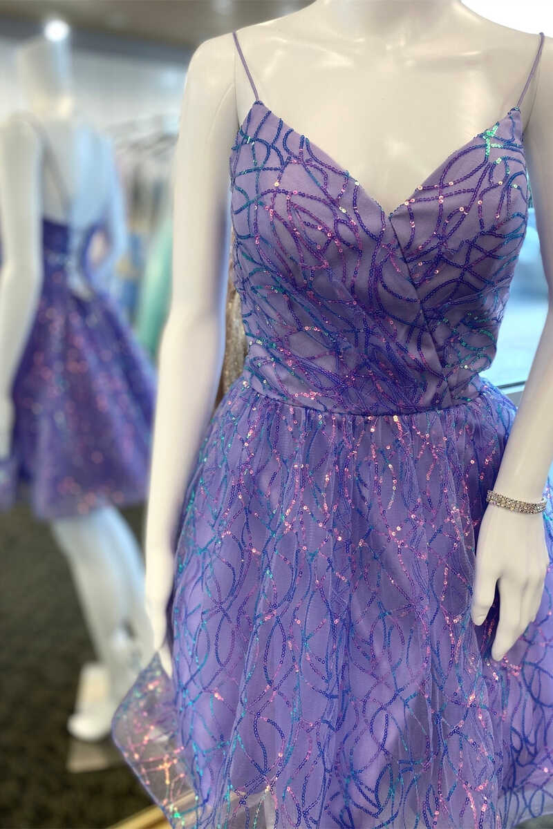 Glittery Lavender Lace-Up A-Line Mini Homecoming Dress