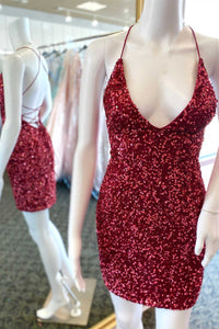 Red Sequin Scoop Neck Lace-Up Short Homecoming Dress