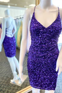 Short Purple Sequin V-Neck Lace-Up Party Dress