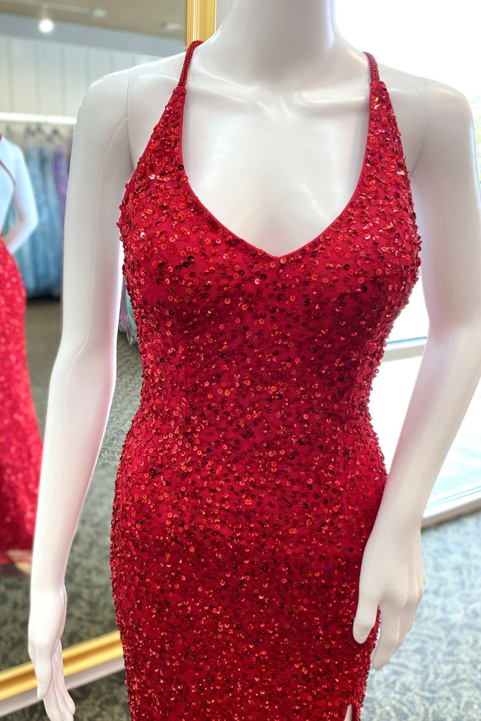Red Sequins Mermaid Crossed Back Long Prom Dress with Slit