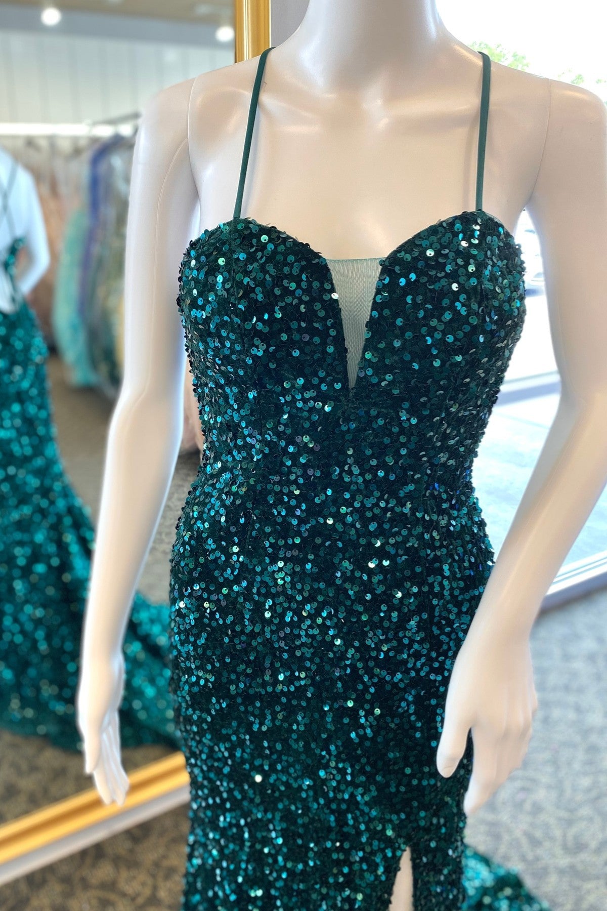 Hunter Green Sequins Deep V Neck Lace-Up Long Prom Dress with Slit