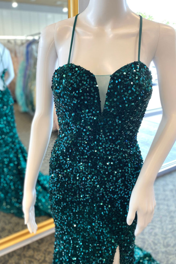 Hunter Green Sequins Deep V Neck Lace-Up Long Prom Dress with Slit