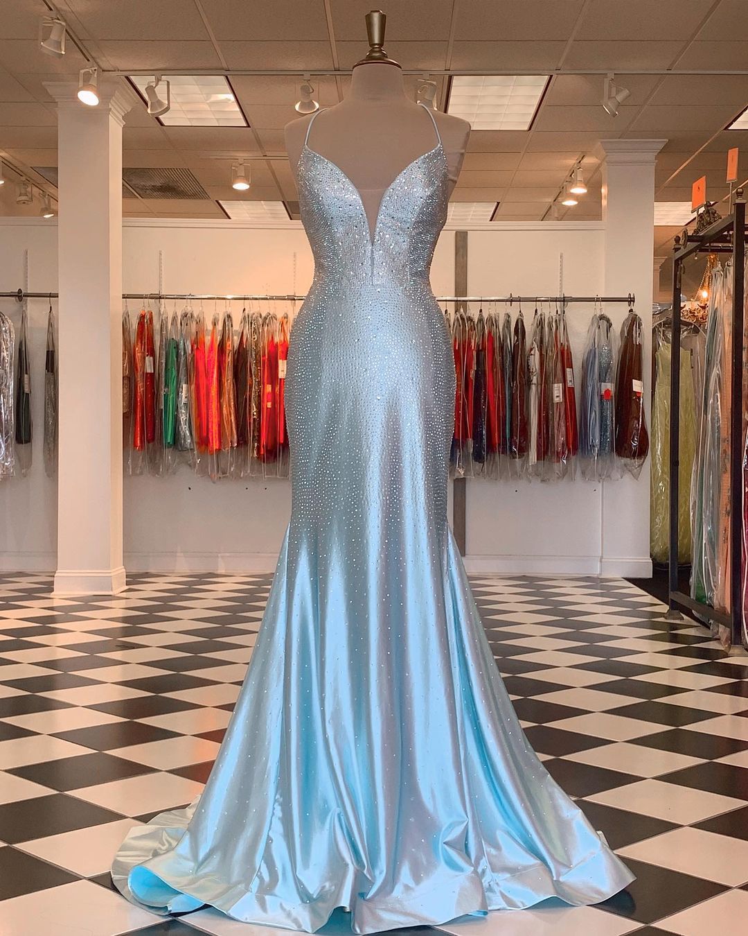 Sexy Light Blue Beaded Plunge Long Prom Dress