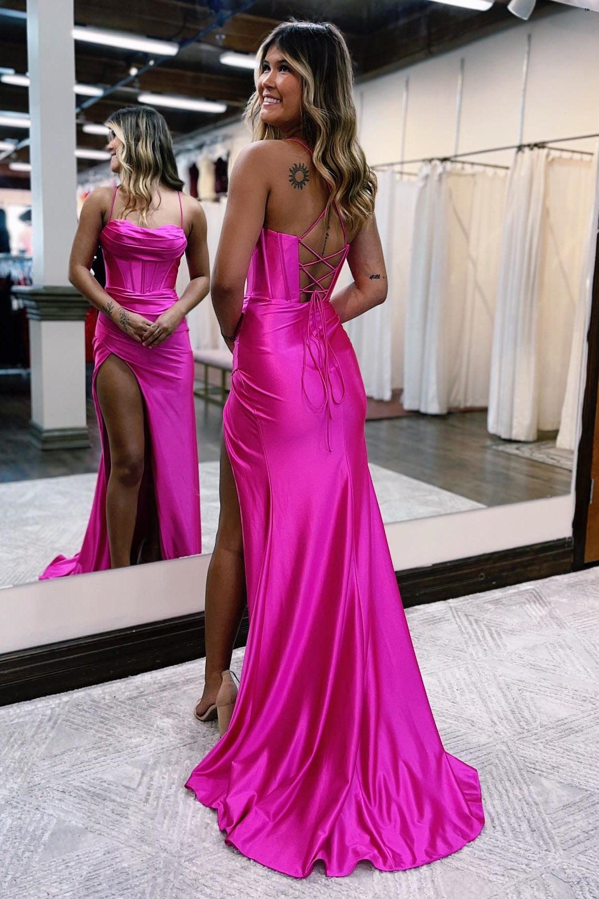 Spaghetti Strap Hot Pink Sequin Prom Dresses with Slit Lace-up Back FD –  Viniodress