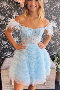 Sweet Feathered Straps A-Line Multi-Tiered Homecoming Dress