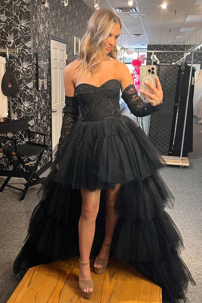 Black Lace Corset Tiered High-Low Prom Dress