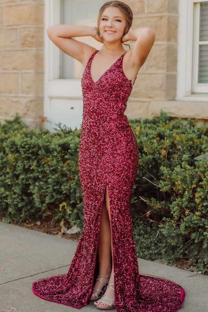 Fuchsia Sequins Mermaid Long Formal Dress with Slit