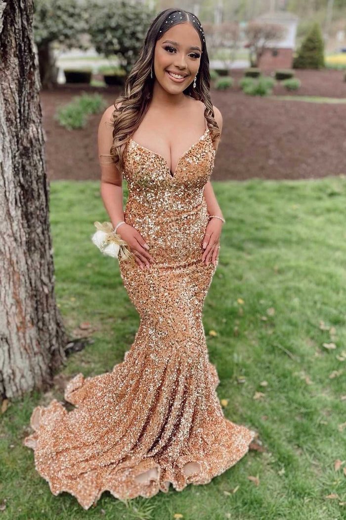 Gold Sequin V-Neck Lace-Up Mermaid Long Prom Gown