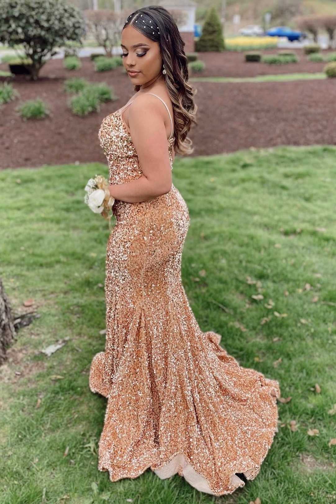 Gold Sequin V-Neck Lace-Up Mermaid Long Prom Gown – Dreamdressy