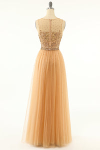 Gold Beaded A-line Tulle Long Formal Dress
