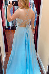 Light Blue Lace Plunge Neck A-Line Prom Dress with Slit