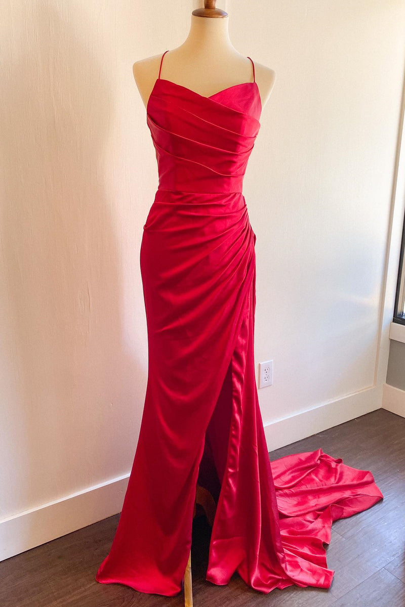 Straps Red Ruched Mermaid Long Formal Dress
