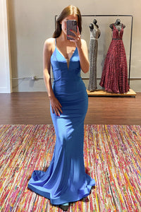 Straps Mermaid Royal Blue Long Formal Dress with Open Back