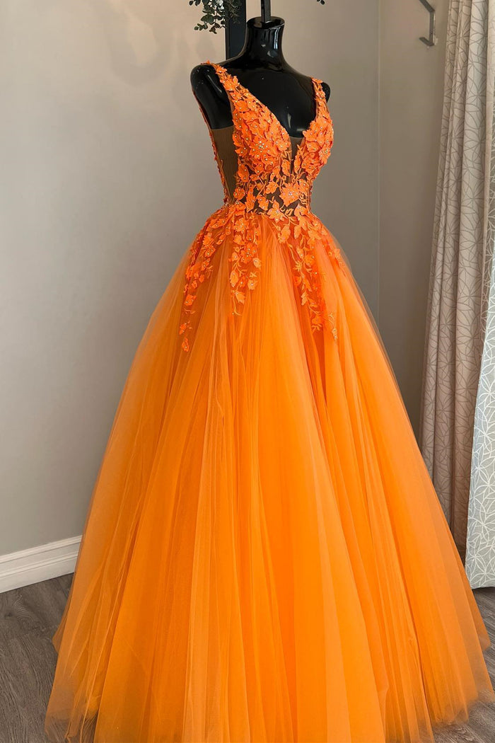 Princess Orange A-line Floral Appliues Long Formal Dress