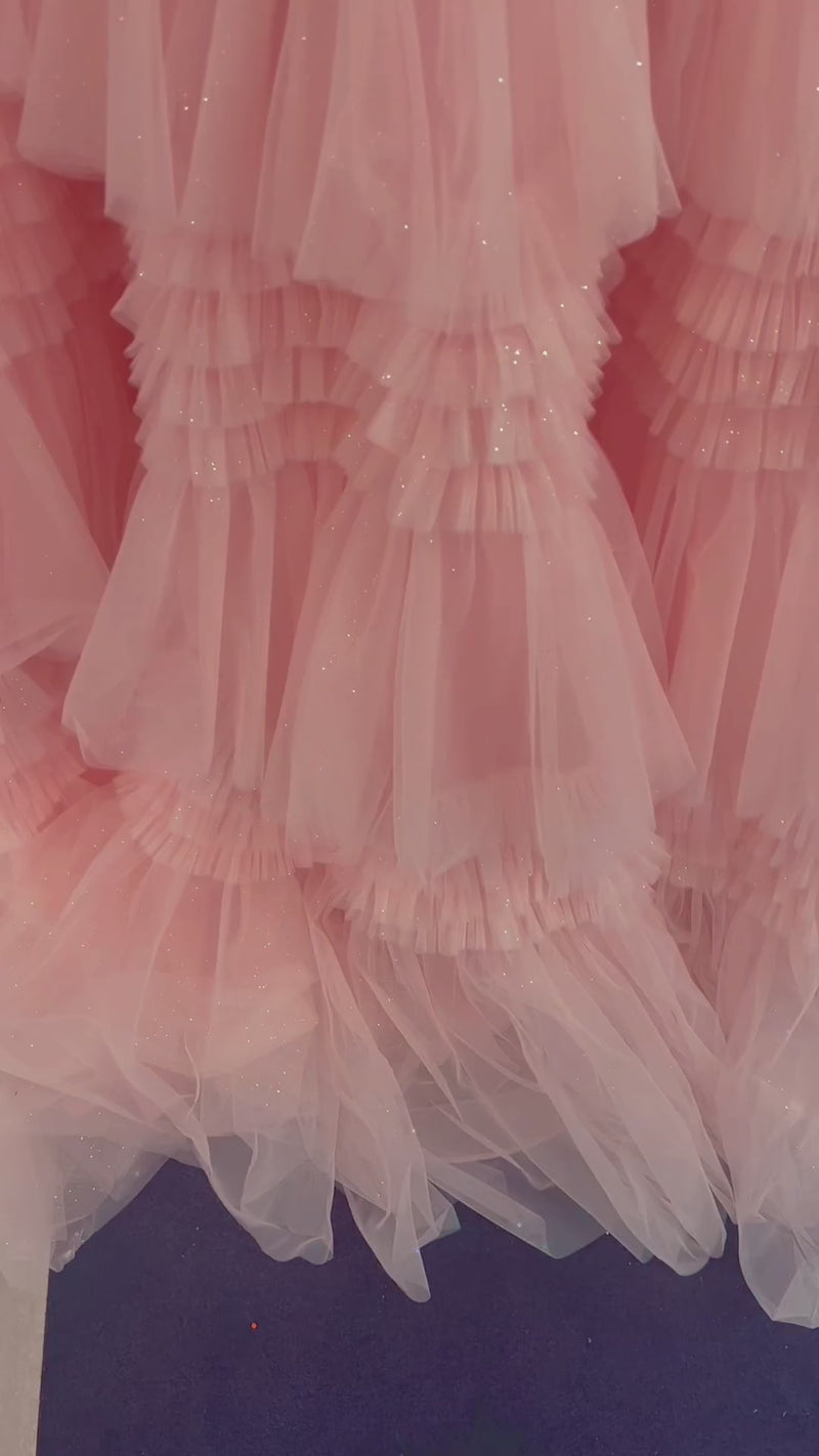 Full-length tulle gown with ruffle Woman, Pink