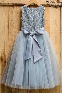 Dusty Blue Tulle Flower A-Line Girl Party Dress