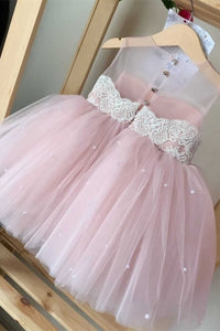 Pink Lace Pearls Tutu Flower Girl Dress