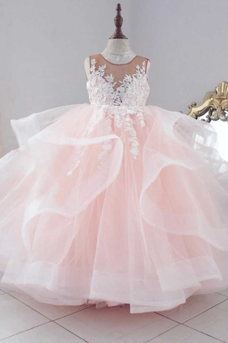 Multi-Tiered Pink Appliques Long Flower Girl Dress
