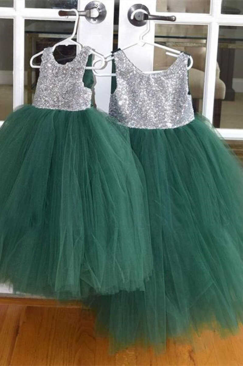 Silver & Green Sequins Sleeveless Flower Girl Dress