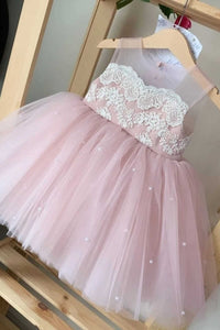 Pink Lace Pearls Tutu Flower Girl Dress