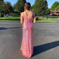 Glitter Pink Sequins Mermaid Long Prom Dress with Slit