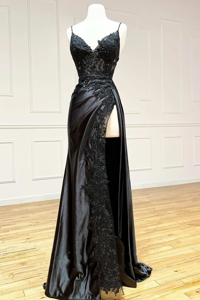 Black Floral Lace V-Neck Long Prom Dress with Slit – Dreamdressy