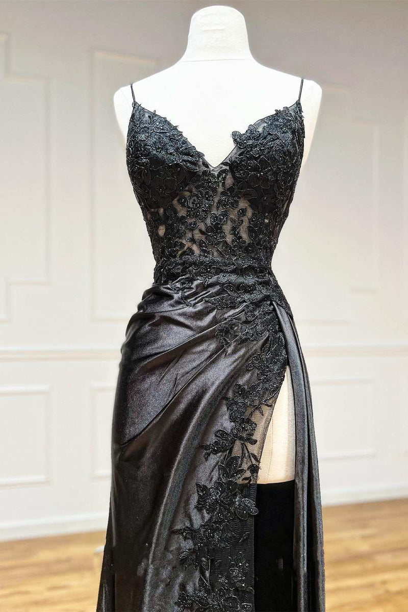 Black Floral Lace V-Neck Long Prom Dress with Slit