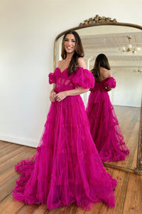 Princess Pink Off-the-Shoulder A-Line Prom Dress with Ruffles