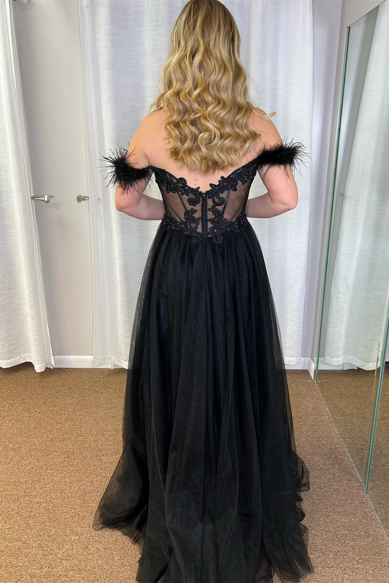Black Tulle Off-Shoulder Applique Slit Long Prom Dress