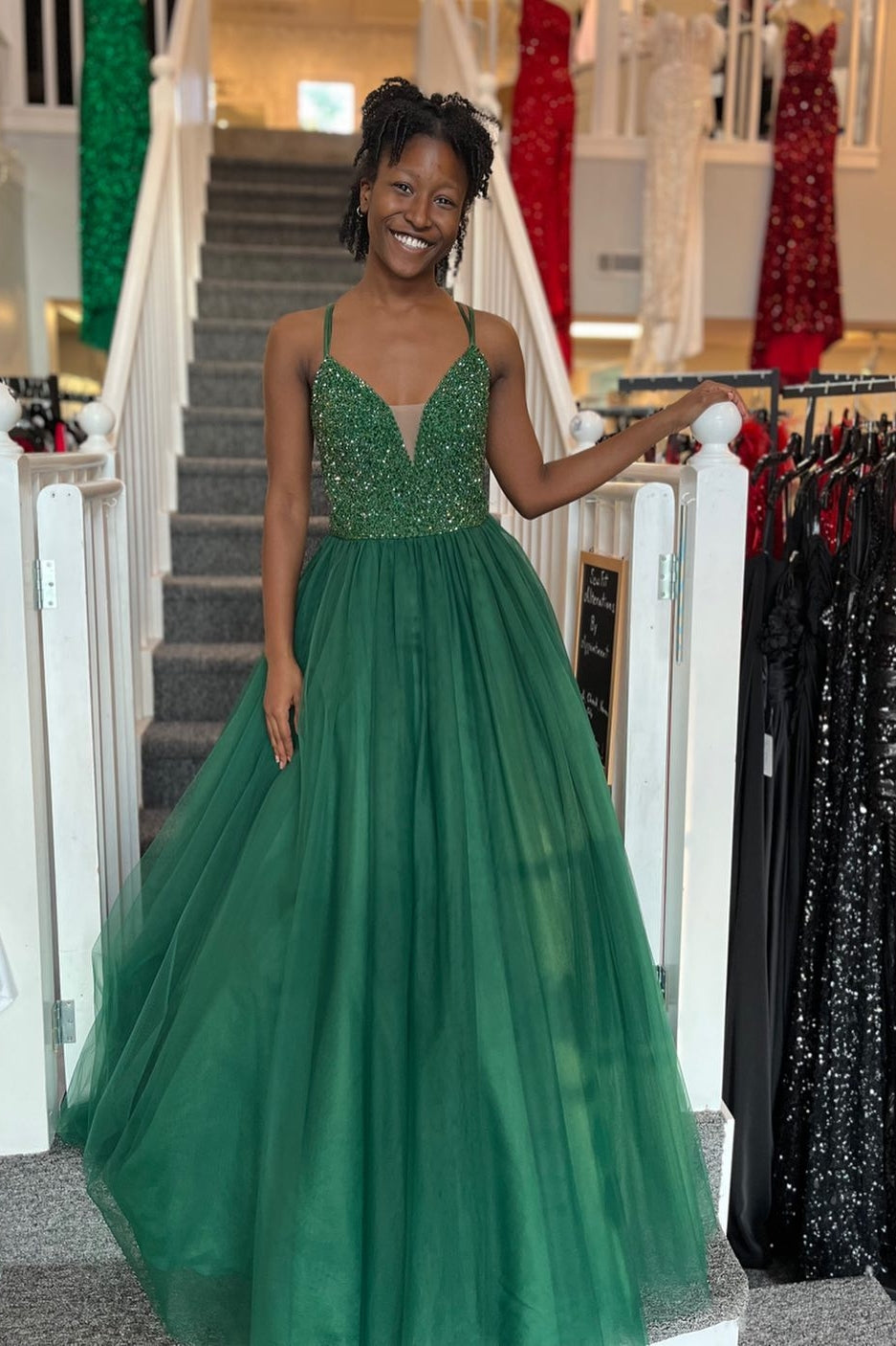 Green Tulle Sequin Lace-Up Back A-Line Prom Gown