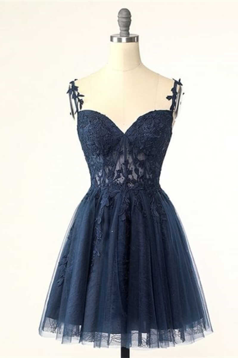 Sweetheart Navy Blue Appliques A-line Short Homecoming Dress