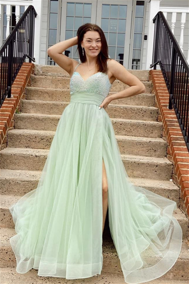 Dusty Sage A-line Beaded Tulle Straps Long Prom Dress with Slit