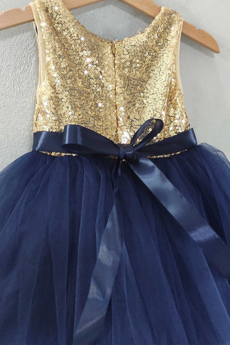 Gold&Navy Blue Sequins Banded Waist Flower Girl Dress