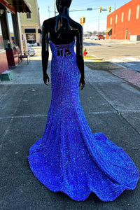 Periwinkle Iridescent Sequin Strapless Lace-Up Mermaid Long Prom Dress