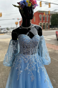 Blue Floral Lace Sweetheart A-Line Prom Gown with Sleeves