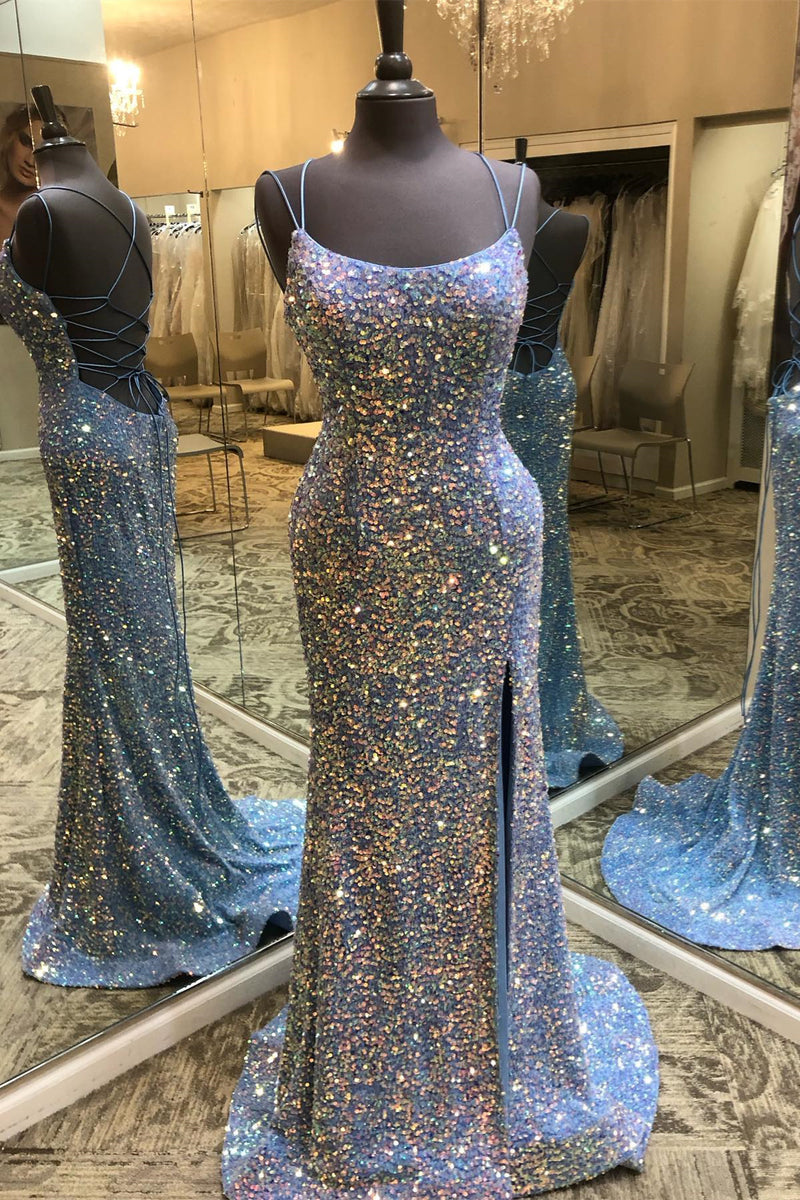 Grey Scoop Neck Double Straps Lace-Up Sequins Long Prom Dress with Slit