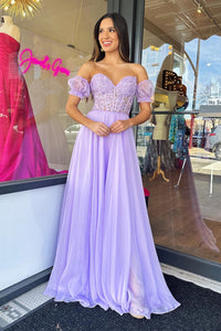 Lilac Applique Strapless A-Line Long Prom Dress