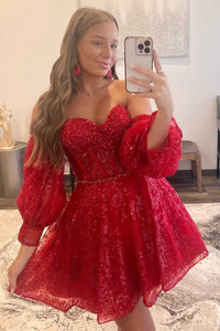 Red Sequin Strapless Short Party Dress with Removable Sleeves