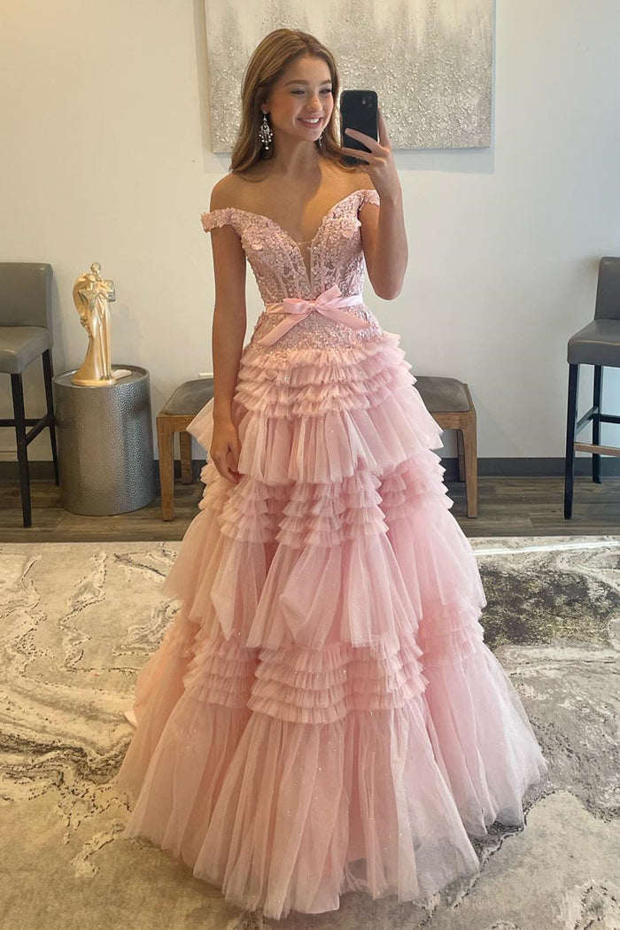 Pink Tulle Lace Off-the-Shoulder Ruffles Tiered Long Prom Dress