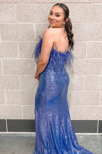 Sequins Feather Strapless Mermaid Long Prom Dress