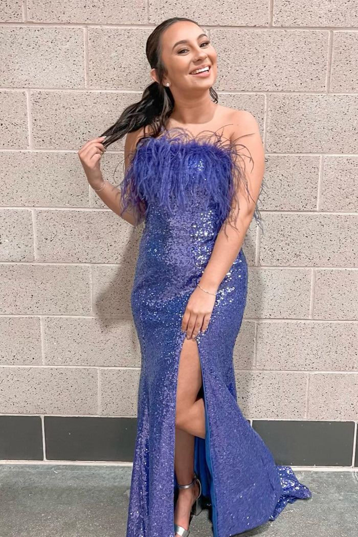 Sequins Feather Strapless Mermaid Long Prom Dress