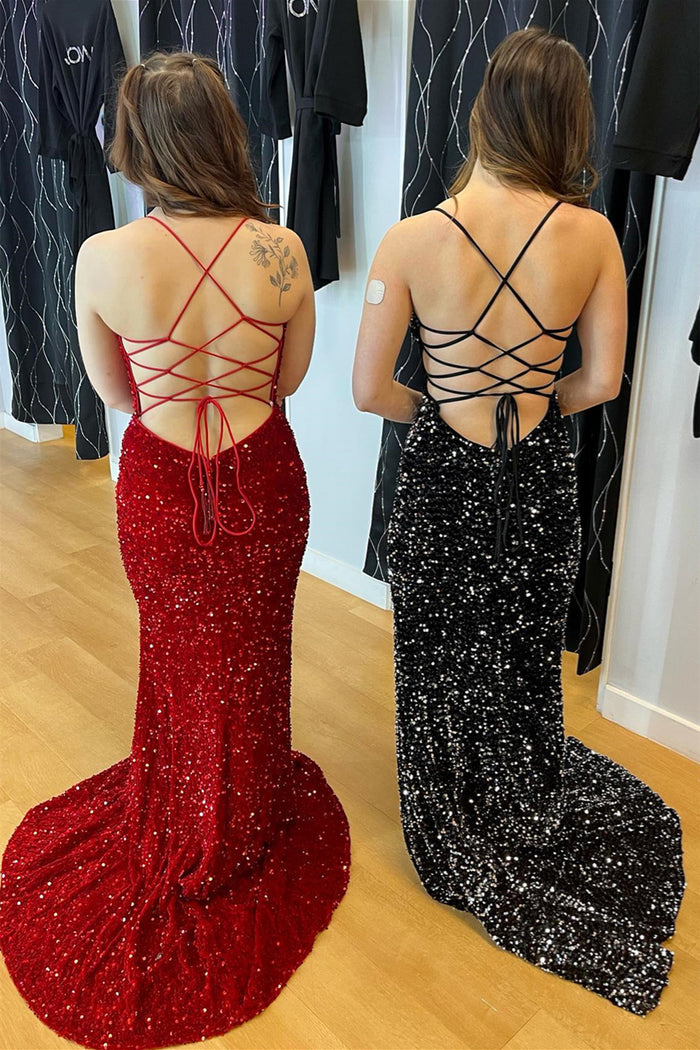 Red Mermaid Lace-Up Sequins Long Prom Dress