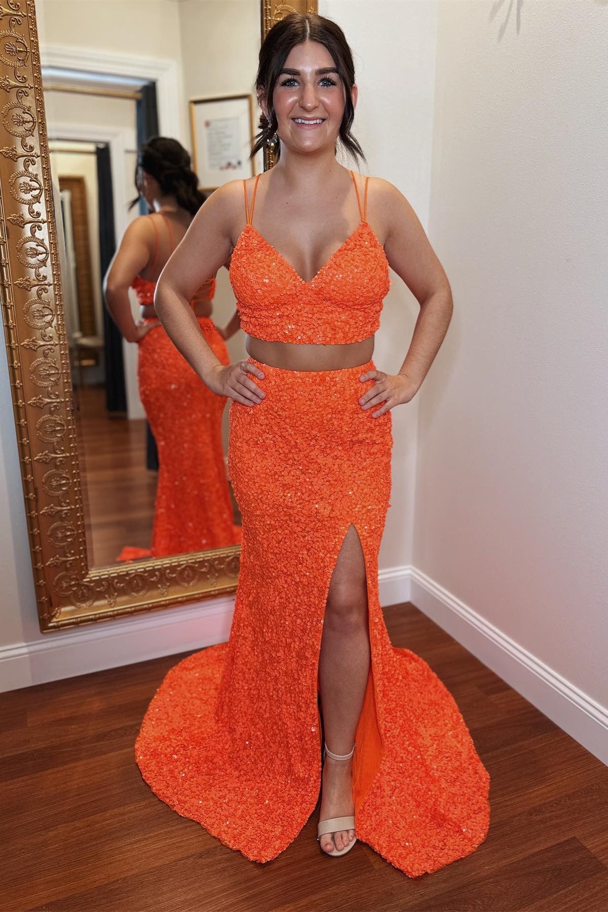  Orange Two Piece Lace-Up Double Straps Sequins Long Prom Dress with Slit