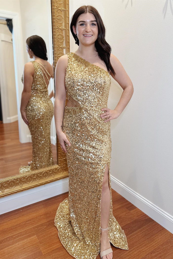 Gold One Shoulder Sequins Straps Cut-Out Long Prom Dress with Slit