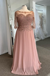Dusty Pink Illusion Neck Sweetheart Long Sleeves Beaded Appliques Long Formal Dress