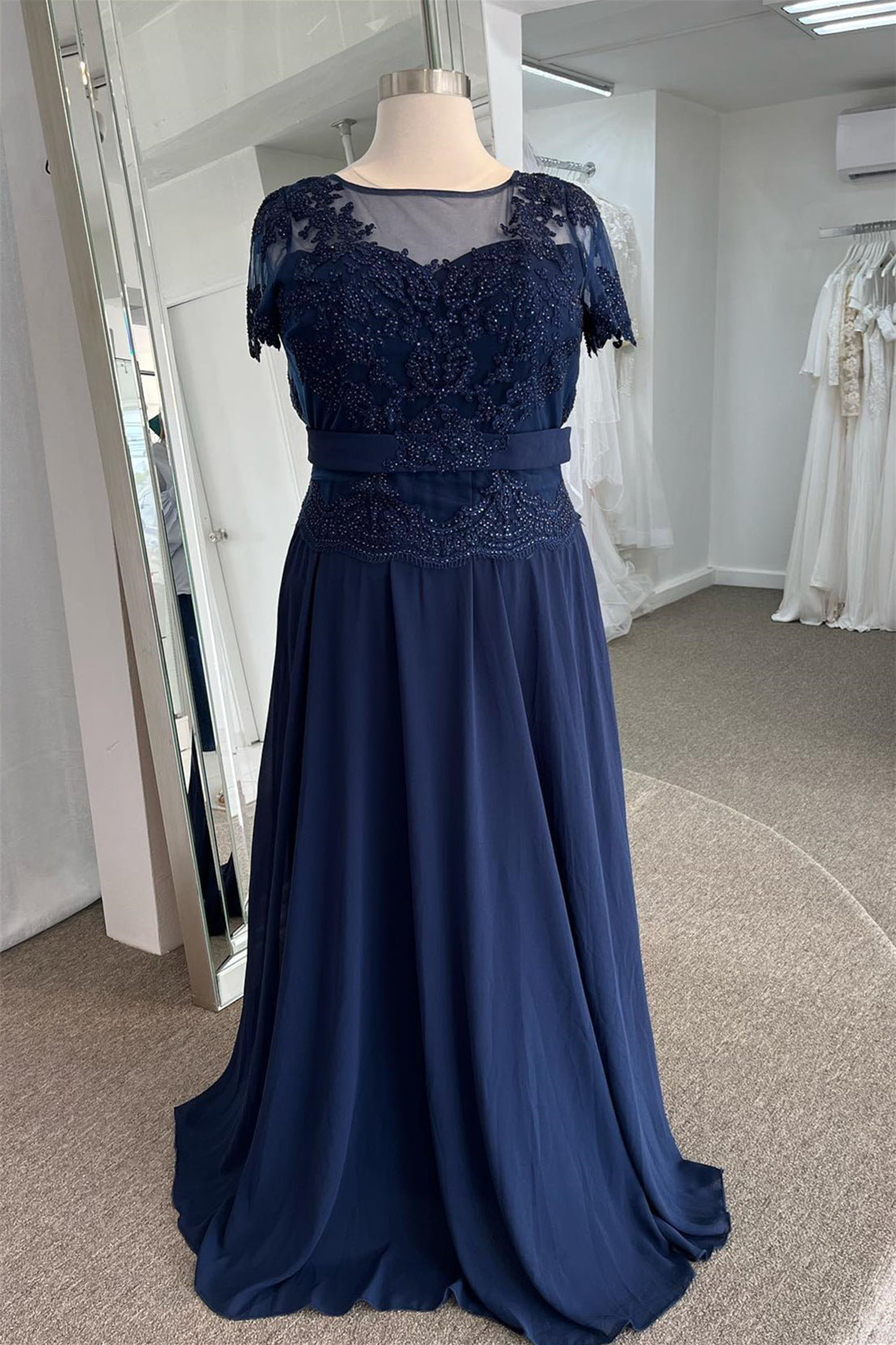 Dark Navy Illusion Neck Sweetheart Sleeves Beaded Appliques Long Formal Dress with Sash
