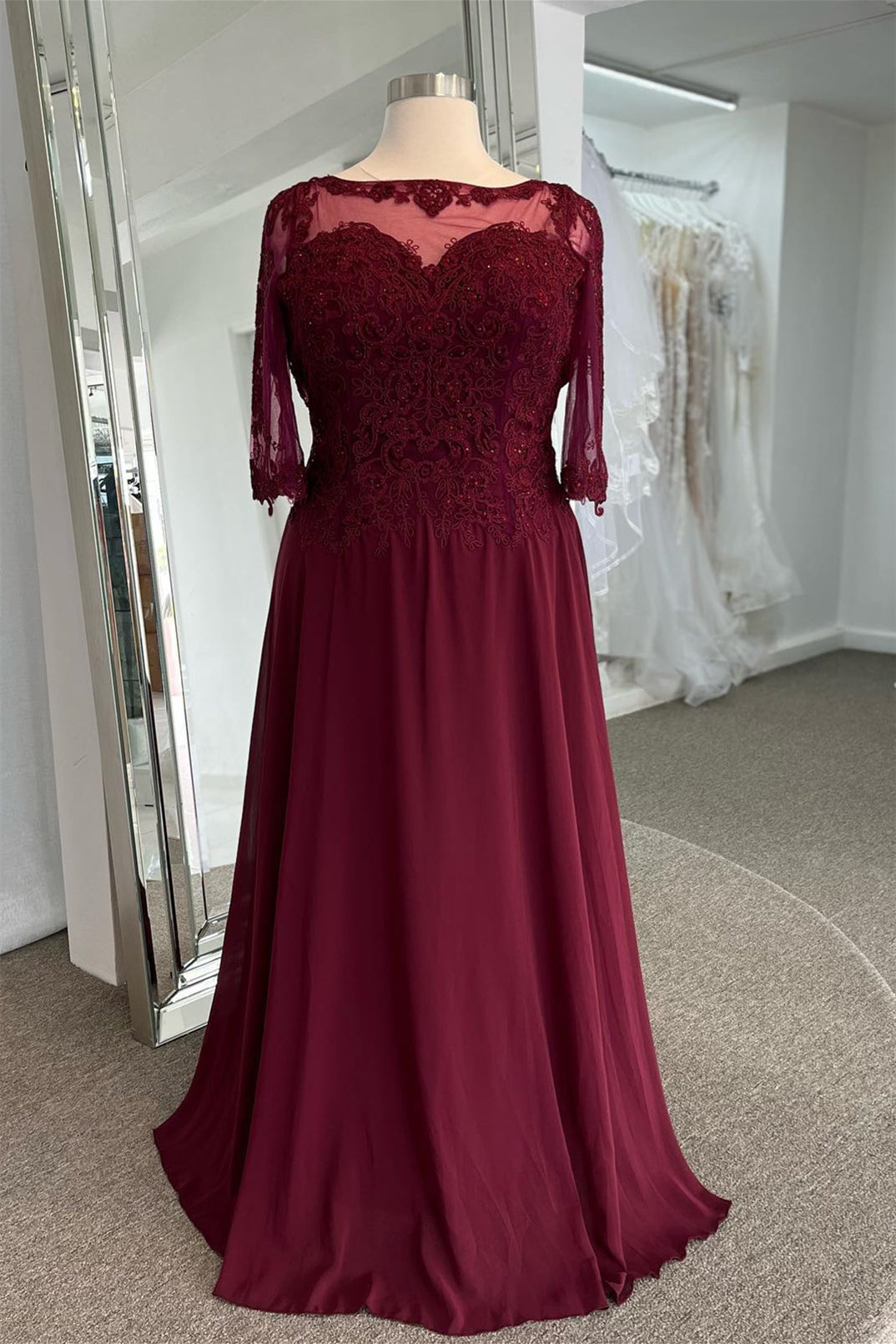 Mulberry Illusion Neck Sweetheart Long Sleeves Beaded Appliques Long Formal Dress