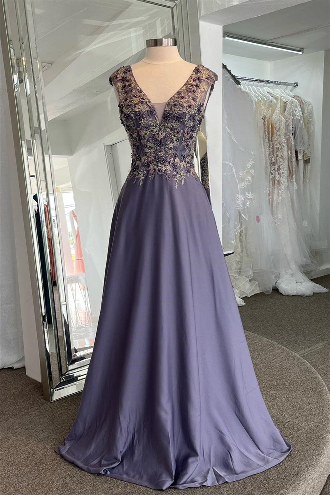 Lavender Plunging V Neck Sleeveless Beaded Appliques Long Formal Dress