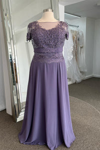 Lavender Illusion Neck Sweetheart Sleeves Beaded Appliques Long Formal Dress with Sash