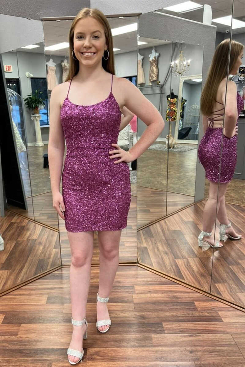 Purple Sequin Lace-Up Short Homecoming Dress